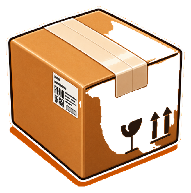 A sealed cardboard mystery box with tape, a shipping label, and fragile markings